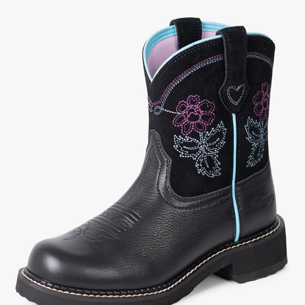 Black Floral Embroidered Cowboy Boots Women Round Toe Ankle Western Cowgirl Boot